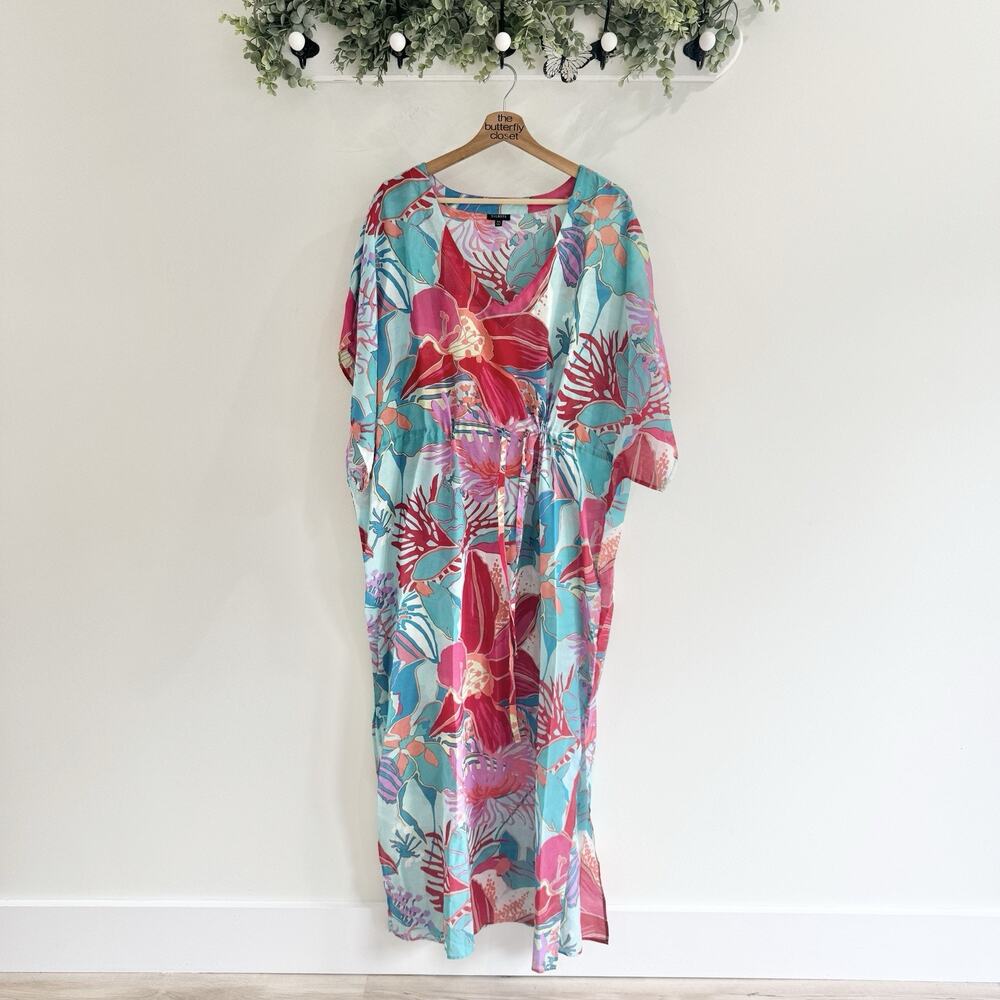 Talbot Plus Size Hibiscus Tropical Floral Swim Captain Cover-Up 2X Colorful